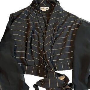 Vtg 1960’s “Puccini” Italian Mode Sz M Black Gold Stripe Tie Front Sheer Sleeves